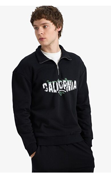 DeFacto Boxy Fıt Dik Yaka Baskılı Sweatshirt Siyah