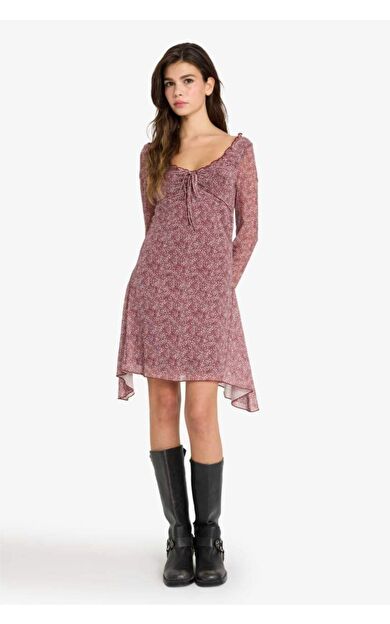 DeFacto Coool V Yaka Floral Tül Uzun Kollu Mini Elbise