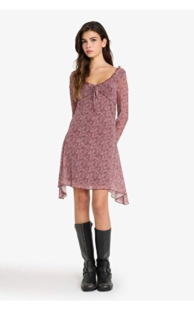 Coool V Yaka Floral Tül Uzun Kollu Mini Elbise