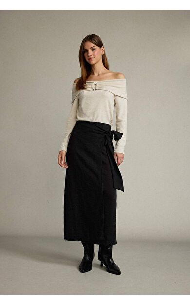 DeFacto Relax Fit  Bağlamalı Siyah Maxi Keten Etek
