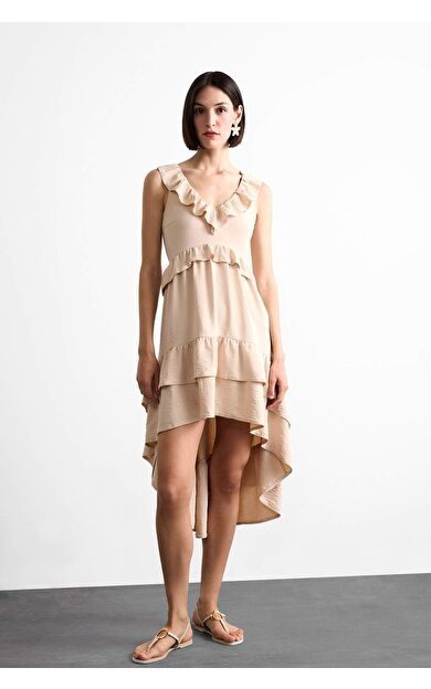 V Yaka Volanlı Asimetrik Kolsuz Midi Elbise