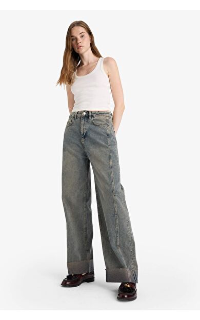 DeFacto Barrel Fit Yüksek Bel Uzun Jean Yıkamalı Pantolon