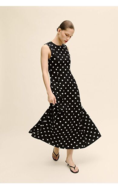 Bisiklet Yaka Puantiye Poplin Kısa Kollu Midi Elbise