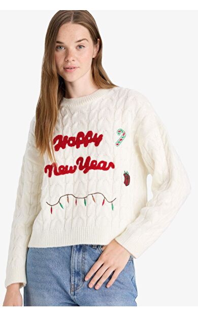 Yılbaşı Temalı Regular Fit Bisiklet Yaka Kazak