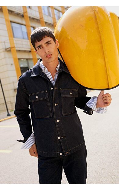 Relax Fit Düğmeli Jean Ceket