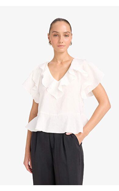 DeFacto Regular Fit V Yaka Modal Kısa Kollu Bluz
