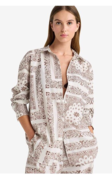 Regular Fit Şal Desenli Plaj Gömleği-Fall in Love F8334AX25HSBN166