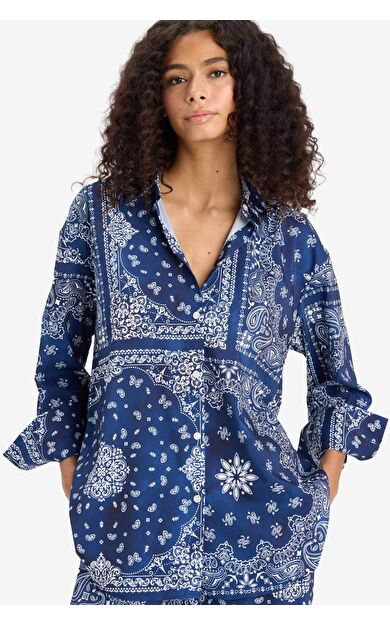 Regular Fit Şal Desenli Plaj Gömleği-Fall in Love F8334AX25HSNV241