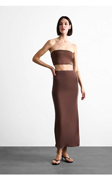 DeFacto Slim Fit Dar Kesim Yırtmaçlı Midi Etek