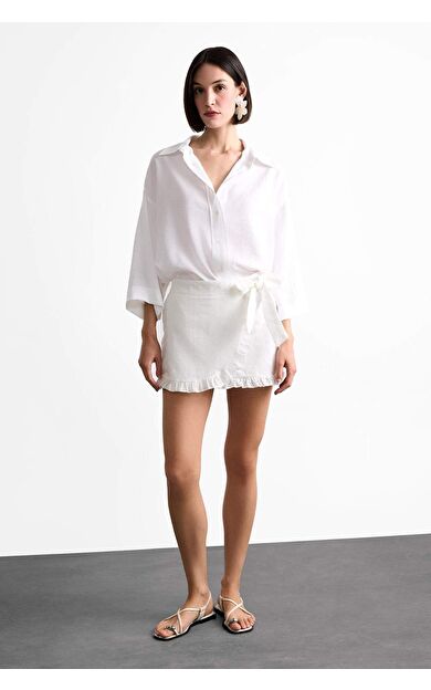 DeFacto Bağlamalı Beyaz Mini Şort Etek
