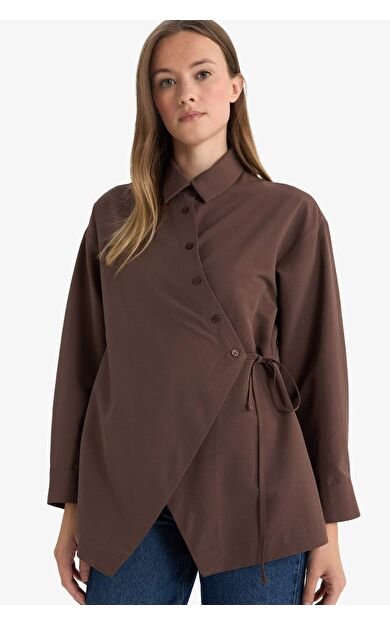 Regular Fit Gömlek Yaka Önden Bağlamalı Poplin Uzun Kollu Gömlek Tunik