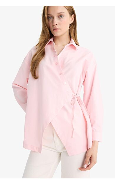 Regular Fit Gömlek Yaka Önden Bağlamalı Poplin Uzun Kollu Tunik