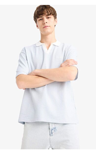 DeFacto Boxy Fit Polo Yaka Slogan Baskılı Kısa Kollu Polo Tişört F8351AX25AUBE177