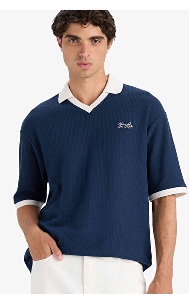 DeFacto Boxy Fit Polo Yaka Baskılı Kısa Kollu Tişört