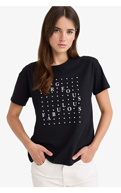 DeFacto Relax Fit Bisiklet Yaka Baskılı Penye Kısa Kollu Tişört F8462AX25AUBK81