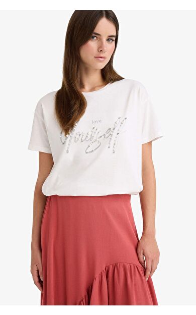 DeFacto Relax Fit Bisiklet Yaka Baskılı Penye Kısa Kollu Tişört F8463AX25AUER105