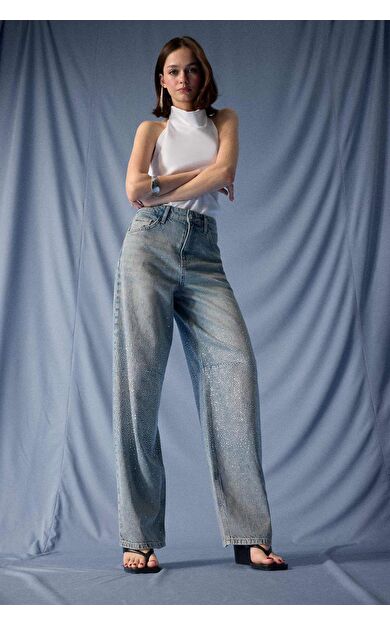 DeFacto Baggy Fit Yüksek Bel Uzun Jean Yıkamalı Pantolon F8489AX25AUNM28
