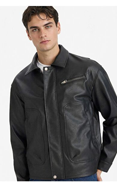 Oversıze Gömlek Yaka Fermuarlı Suni Deri Mont