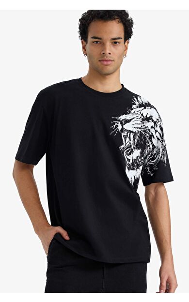 Boxy Fit Bisiklet Yaka Baskılı Kısa Kollu Tişört F8648AX25AUBK81