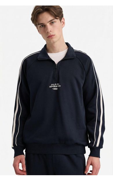 DeFacto Boxy Fıt Dik Yaka Slogan Baskılı Sweatshirt Lacivert F8658AX26SPNV64