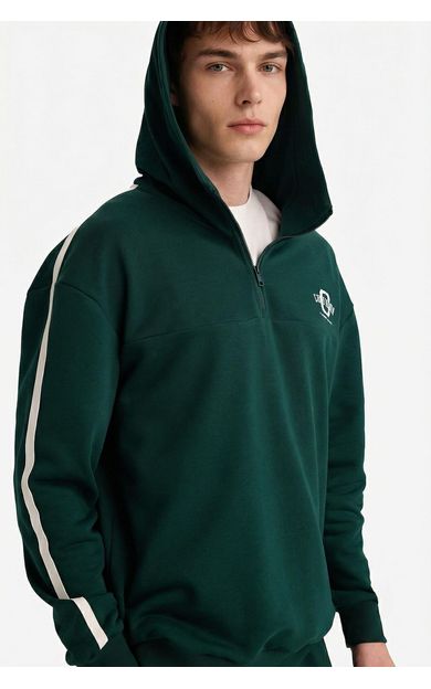 DeFacto Boxy Fit Kapüşonlu Baskılı Sweatshirt Yeşil