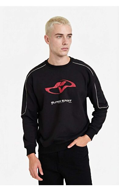 Boxy Fit Bisiklet Yaka Baskılı Sweatshirt