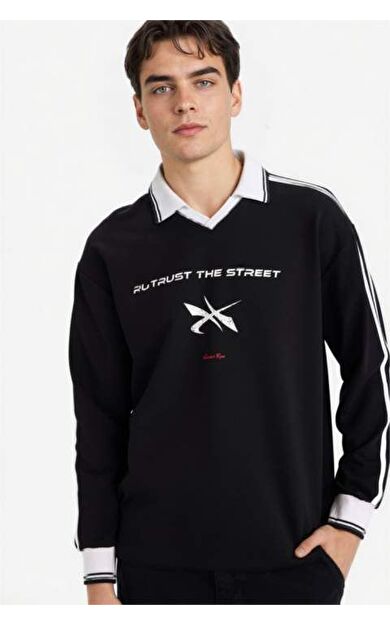 DeFacto Boxy Fit Polo Yaka Baskılı Sweatshirt Kumaşı Sweatshirt