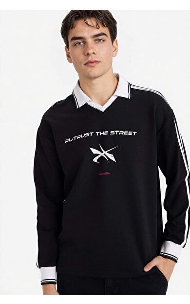 Boxy Fit Polo Yaka Baskılı Sweatshirt Kumaşı Sweatshirt