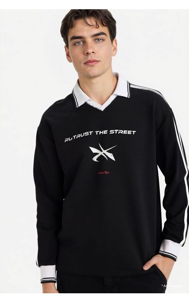 DeFacto Boxy Fit Polo Yaka Baskılı Sweatshirt Kumaşı Sweatshirt
