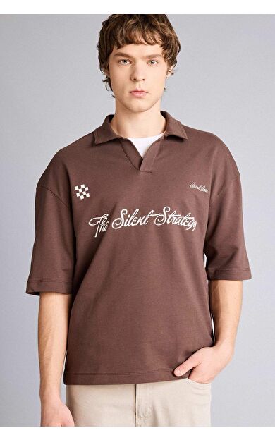 DeFacto Loose Fıt Polo Yaka Slogan Baskılı Sweatshirt Kumaşı Kısa Kollu Polo Tişört