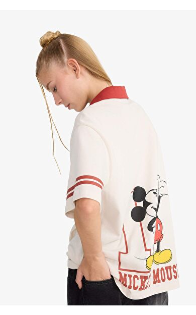 DeFacto Coool Disney Mickey & Minnie Oversize Geniş Kalıp Polo Yaka Sırt Baskılı Kısa Kollu Tişört