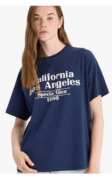 DeFacto Oversize Geniş Kalıp Bisiklet Yaka Baskılı Kısa Kollu Tişört F8832AX25AUNV241