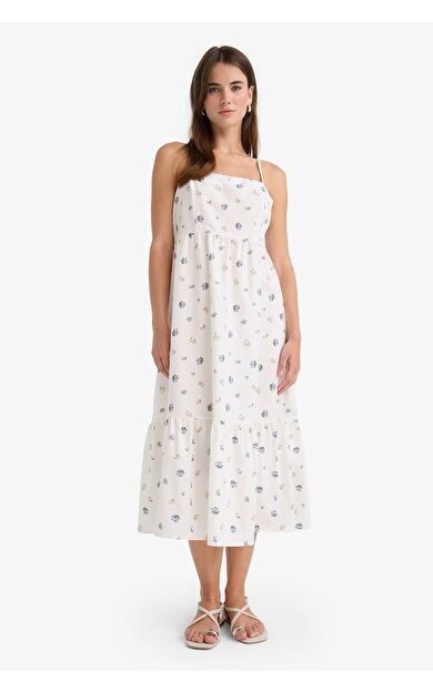 DeFacto Kare Yaka Floral Poplin Askılı Midi Elbise