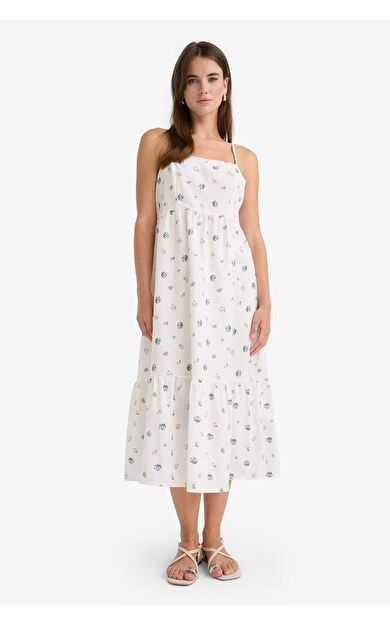 DeFacto Kare Yaka Floral Poplin Askılı Midi Elbise