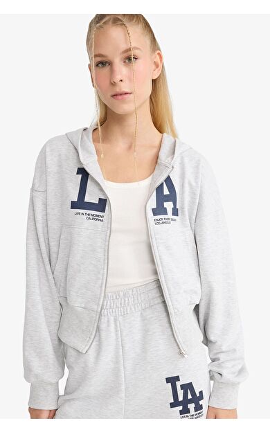 DeFacto Coool Cropped Fit Kapüşonlu Baskılı Fermuarlı Sweatshirt