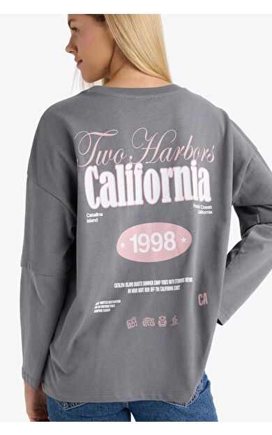 DeFacto Loose Fit Bisiklet Yaka Sırt Baskılı Uzun Kollu Tişört