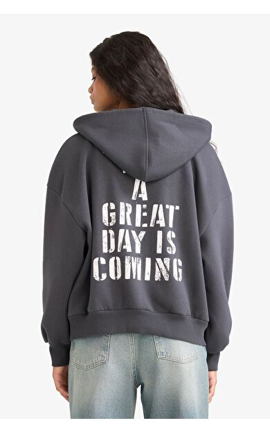 DeFacto Oversize Geniş Kalıp Kapüşonlu Sırt Baskılı Fermuarlı Sweatshirt