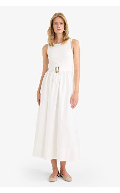 Bisiklet Yaka Poplin Kolsuz Maxi Elbise