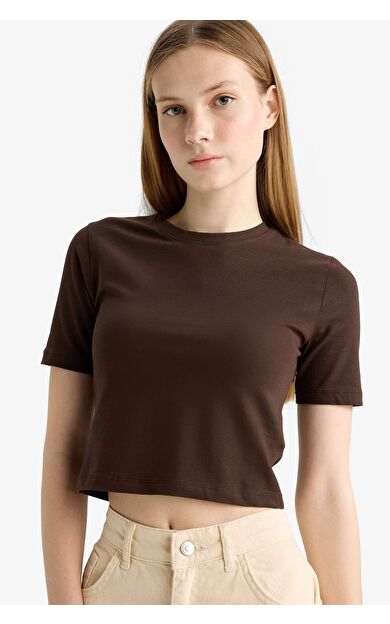 Coool Fitted Crop Basic Düz Kısa Kollu Tişört