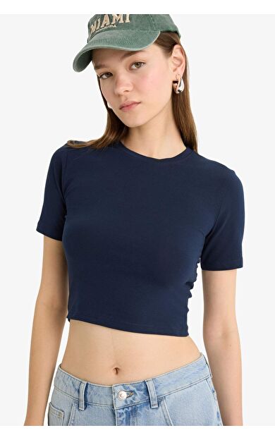 Coool Fitted Crop Basic Düz Kısa Kollu Tişört