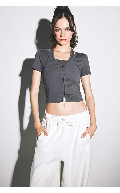 DeFacto Halter Yaka Ribana Kısa Kollu Tişört