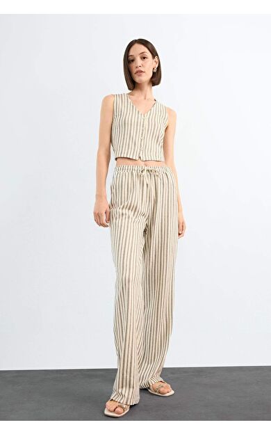Fitted Çizgili Üç Cepli Uzun Pantolon