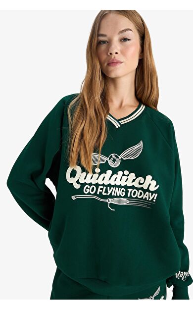 DeFacto Okula Dönüş Coool Harry Potter Oversize Geniş Kalıp V Yaka Baskılı Kalın Kumaş Sweatshirt