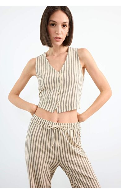 DeFacto Fitted Çizgili V Yaka Blazer Yelek