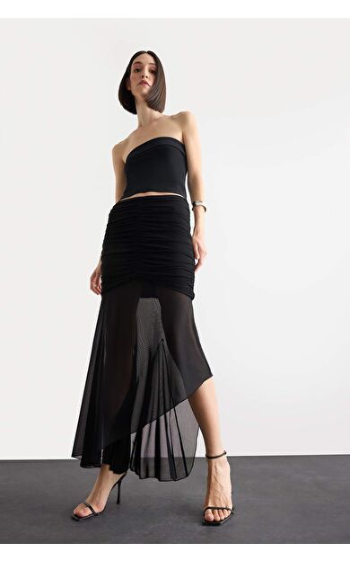 DeFacto Asimetrik Drapeli Midi Etek