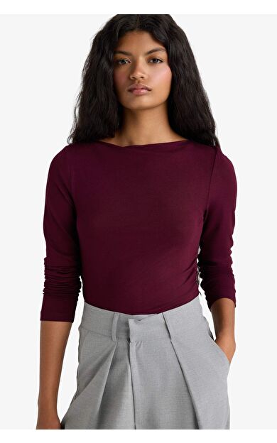 DeFacto Slim Fit Dar Kesim Kayık Yaka Uzun Kollu Tişört