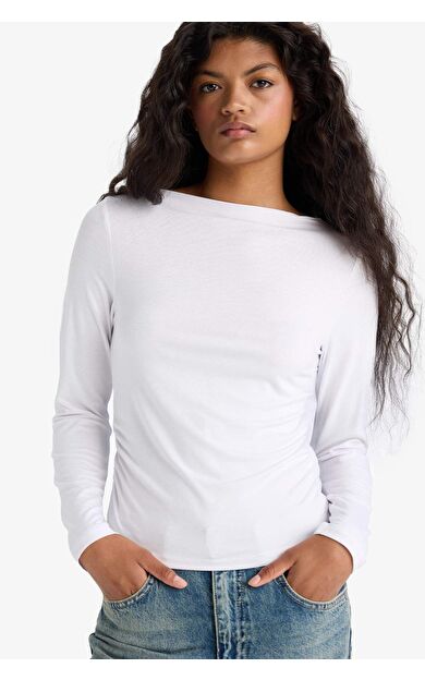 Slim Fit Dar Kesim Kayık Yaka Uzun Kollu Tişört F9029AX25AUWT83