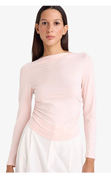 Slim Fit Dar Kesim Kayık Yaka Uzun Kollu Tişört