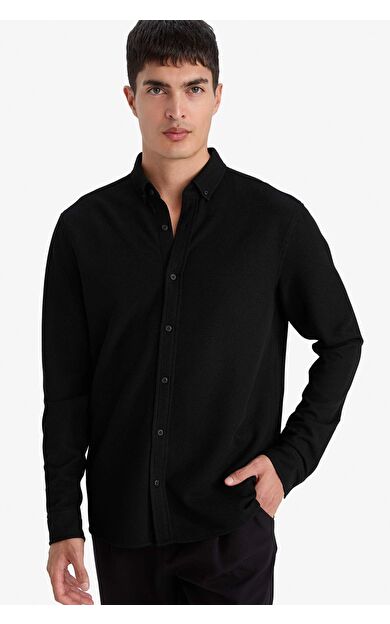 Regular Fıt Polo Yaka Penye Uzun Kollu Gömlek