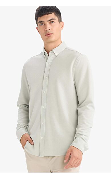 Regular Fıt Polo Yaka Penye Uzun Kollu Gömlek